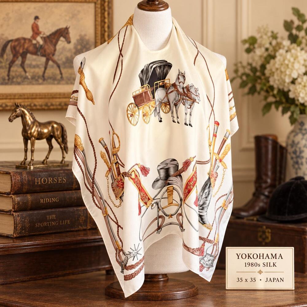 Vintage Yokohama Silk Scarf Equestrian Horse Carriage Motif 1980s Japan 35x35